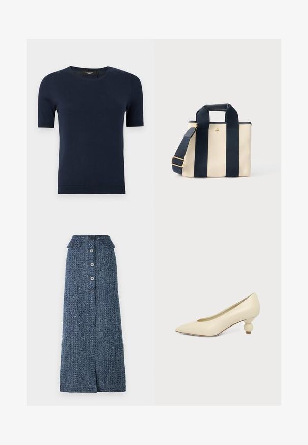 Marineblauwe korte mouw gebreide trui met ronde hals en geribbelde boorden en zoom, getoond op een effen achtergrond.; Denim maxi rok in donkerblauw met een gestructureerde afwerking, met een knoopsluiting aan de voorkant, twee klepzakken en een kleine split aan de voorkant.; Dames schoen in roomkleur met een puntige neus en een lage, ronde balvormige hak op een effen achtergrond.; Kleine beige canvas draagtas met twee brede zwarte verticale banden, een kort handvat en een verstelbare schouderriem met een gouden gesp.