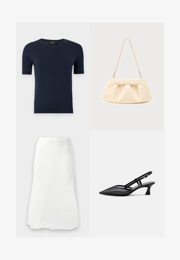 Jersey de punto de manga corta en azul marino con cuello redondo y puños y bajo acanalados, presentado sobre un fondo liso.; Falda blanca de línea A con detalles de costura sutiles y una textura suave, mostrada sobre un fondo gris claro liso.; Zapato slingback negro con punta afilada, parte superior de malla, tiras delgadas, hebilla dorada y tacón bajo curvado sobre fondo blanco.; Bolso de mano de cuero color crema con pliegues fruncidos, herrajes dorados y una única correa delgada para el hombro sobre un fondo liso.