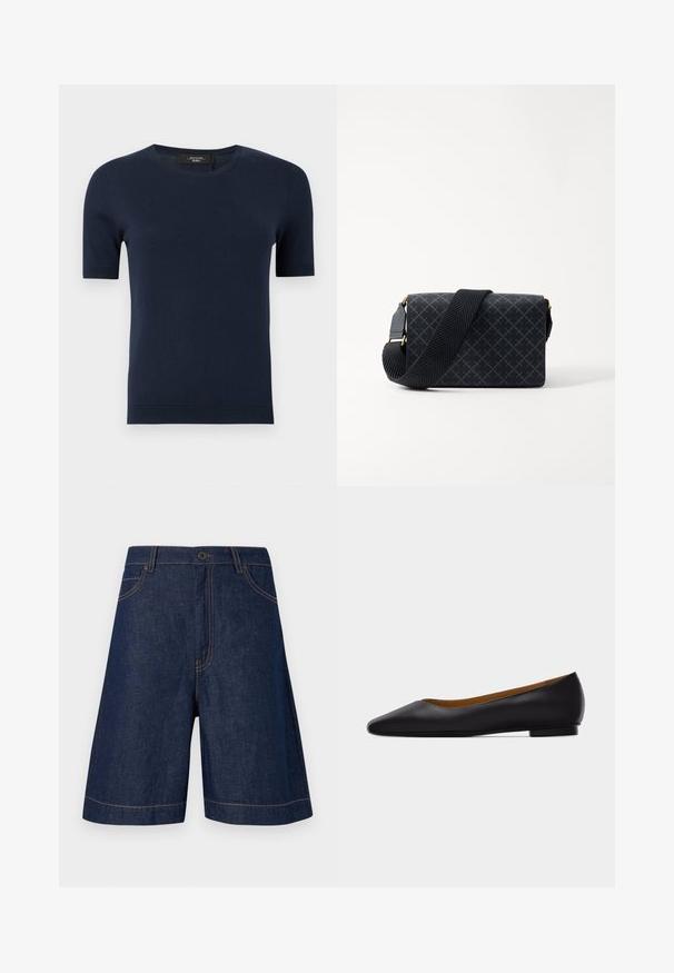 Pull en tricot bleu marine à manches courtes, col rond avec poignets et ourlet côtelés, présenté sur un fond uni.; Short en denim bleu foncé avec bouton sur le devant, passants de ceinture et surpiqûres contrastées, présenté sur un fond clair unicolore.; Chaussure plate en cuir noir à bout pointu avec talon bas et finition lisse, vue de côté sur un fond gris clair.; Sac bandoulière noir avec motif géométrique, texture lisse, accents en métal doré et bandoulière tissée. Forme rectangulaire compacte.