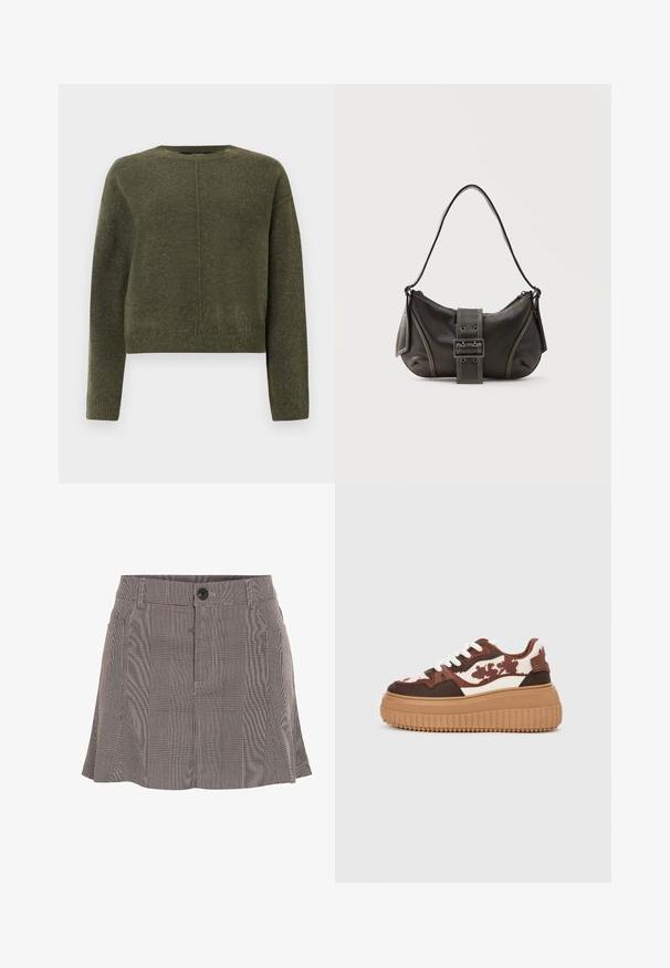 Oliven grøn, cropped sweater lavet af blødt strikmateriale. Har lange ærmer og en rund halsudskæring med en diskret central sømdetalje.; Rutete nederdel i sort og hvid, lavet af letvægtsstof, med en talje med en knap og plisseret design for ekstra detalje.; Platform sneakers med et brunt og cremefarvet camouflage-mønster, kontrasterende lysebrune såler og hvide snørebånd. Overdelen har blandede materialer og teksturer.; Sort læder skuldertaske med spænde på remmen, afrundede kanter og kontrasterende hvide syninger på en ensfarvet baggrund.