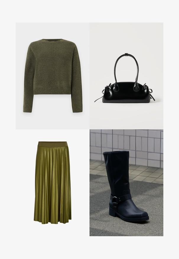 Olijfgroene, korte trui gemaakt van zacht breimateriaal. Heeft lange mouwen en een ronde halslijn met een subtiele centrale naden-detail.; Khaki groene geplooide midirok met brede elastische tailleband en gladde stoftextuur.; Zwarte leren kuitlaars met een lage blokhak en een decoratieve riem met metalen gesp rond de enkel, op een betegeld trottoir.; Kleine zwarte glanzende handtas met twee lange hengsels en zijkant trekkoord details op een effen lichte achtergrond.