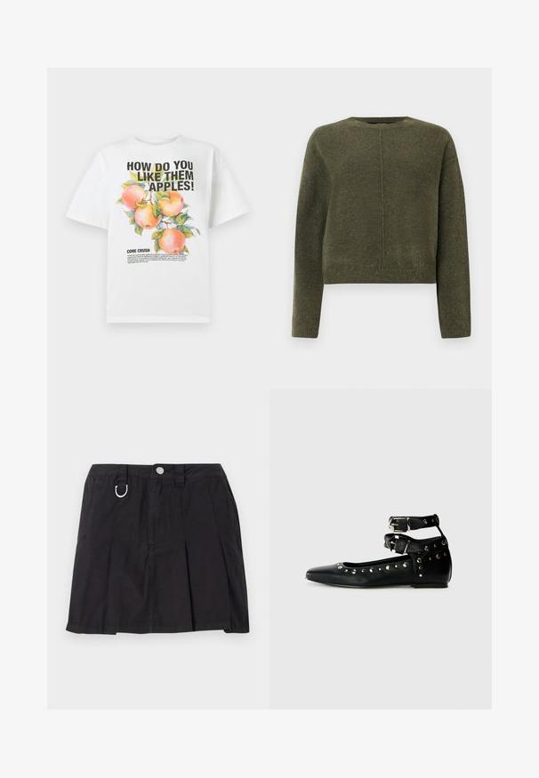Oliven grøn, cropped sweater lavet af blødt strikmateriale. Har lange ærmer og en rund halsudskæring med en diskret central sømdetalje.; Hvid bomuld t-shirt med en farverig æbleillustration og fed tekst, der står: "HVORDAN SYNES DU OM DE APPLE!" og "KERNEKNUSE."; Sort plisseret nederdel lavet af bomuld, med frontknaplukning, bæltestropper og en D-ring detalje i taljen.; Replay SABINE DOUBLE - Ballerinasko - black