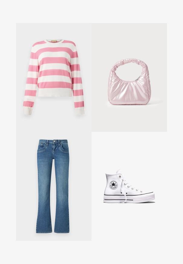 Rosa-weiß gestreifter Pullover, lange Ärmel, Rundhalsausschnitt, weiches Strickmaterial, cropped Design, gerippte Bündchen, gleichmäßiges Streifenmuster.; Helle blaue Schlagjeans aus Denim, mit fünf Taschen, kontrastierenden Nähten und einem Knopfverschluss an der Taille.; Weißer Converse Chuck Taylor All Star High-Top-Sneaker mit schwarzen Streifen und Logo-Patch an der Seite, präsentiert vor einem schlichten weißen Hintergrund.; Rosa, gepolsterte Handtasche mit abgerundeter Form, aus glänzendem Material gefertigt. Verfügt über einen gerafften Griff und einen Reißverschluss für sicheren Zugang.