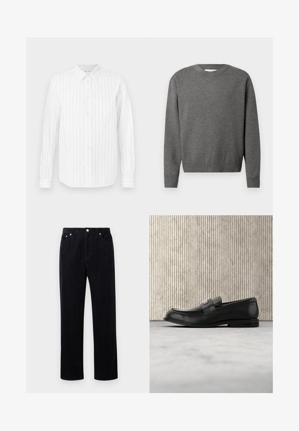 Pull en gris à col rond fabriqué en tissu tricoté doux. Dispose de manches longues et de poignets et d'un ourlet côtelés. Design minimaliste sans logos visibles.; Chemise blanche à manches longues avec des rayures verticales grises, col boutonné, boutons sur le devant et manches à poignets. Texture de tissu lisse.; Pantalons en velours côtelé noir avec une coupe droite, dotés d'une fermeture à bouton et fermeture éclair, de cinq poches et d'un tissu doux et texturé.; Mocassin en cuir noir avec une plaque de marque en métal reposant près d'une table ronde marron sur un sol recouvert de moquette beige.