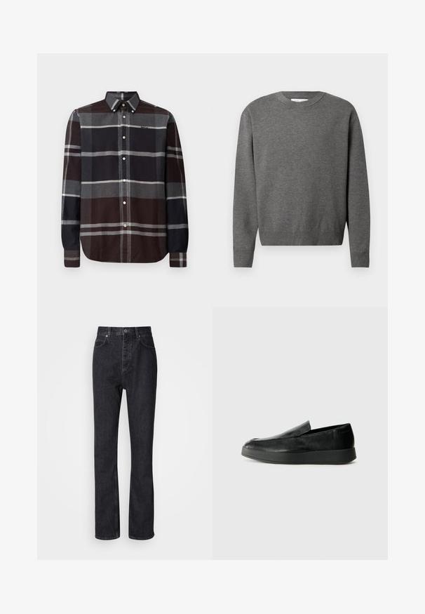 Grauer Rundhals-Pullover aus weichem Strickmaterial. Mit langen Ärmeln und gerippten Bündchen und Saum. Minimalistisches Design ohne sichtbare Logos.; Barbour ICELOCH TAILORED TARTAN - Hemd - midnight oak; Hochtaillierte schwarze Jeans aus Denim mit Knopf- und Reißverschluss, Vorder- und Hintertaschen sowie einer geraden Passform.; Calvin Klein HYBRID CUP - Slipper - triple black