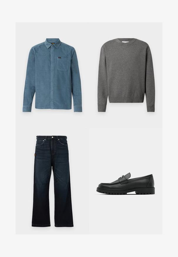 Hall hallatükk, mis on valmistatud pehmest kudumiskangast. Omab pikki varrukaid ning soonikkoes mansette ja allserva. Minimalistlik disain, ilma nähtavate logodeta.; Pikaääreline sinisest korduroost särg, millel on nööpidega krae, esi-tasku ning diskreetne bränding taskul.; Tumedatest sinisest sirge lõikega teksapükstest, mis on varustatud klassikalise viie tasku disainiga, vööstangide ja peente pleekinud detailidega ees ja põlvedel.; Mustad musta nahast loafers, millel on ümar varvas, tikandiga disain, madal platvorm-soon ja tekstureeritud, soonikkummist välistald.