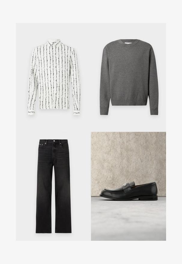 Pull en gris à col rond fabriqué en tissu tricoté doux. Dispose de manches longues et de poignets et d'un ourlet côtelés. Design minimaliste sans logos visibles.; Chemise blanche à boutons avec des rayures verticales noires et un motif floral. Manches longues avec des poignets à boutons. Fabriquée en tissu léger.; Jean noir droit avec cinq poches, passants pour ceinture et fermeture par bouton, présenté sur un fond blanc.; Mocassin en cuir noir avec une plaque de marque en métal reposant près d'une table ronde marron sur un sol recouvert de moquette beige.