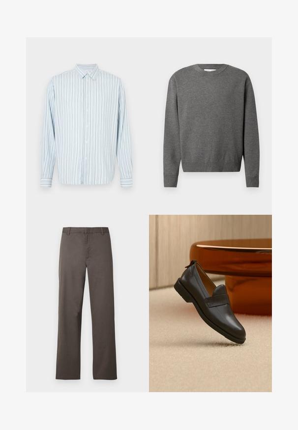 Pull en gris à col rond fabriqué en tissu tricoté doux. Dispose de manches longues et de poignets et d'un ourlet côtelés. Design minimaliste sans logos visibles.; Chemise bleu clair à manches longues avec boutons, rayures verticales étroites noires et blanches, col pointu, présentée sur un fond blanc.; Pantalon en coton marron avec une coupe droite, doté de passants de ceinture et une texture lisse. Aucun motif visible ni détail de quincaillerie.; Mocassin en cuir noir à talon bas flottant au-dessus d'un tapis beige, à côté d'une table brillante couleur ambre dans une pièce minimaliste.