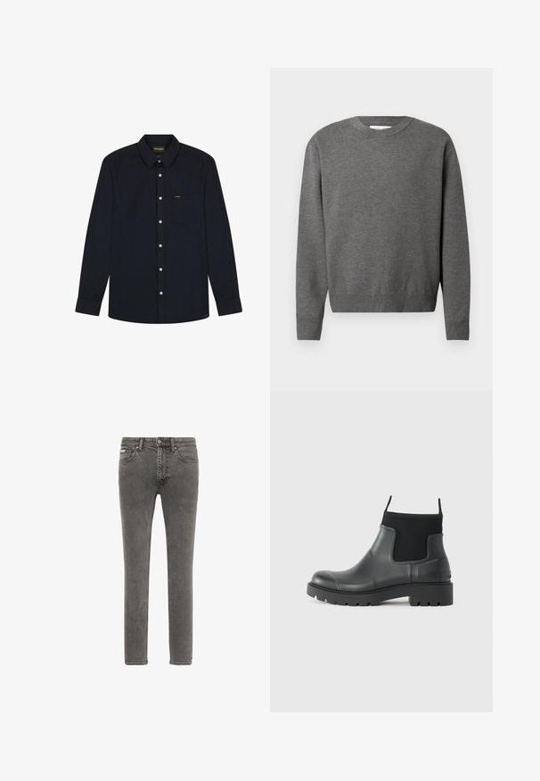 Grå crewneck sweater lavet af blødt strikket stof. Har lange ærmer og ribbede manchetter og kant. Minimalistisk design uden synlige logoer.; Langærmet sort skjorte med knapper, krave, frontlomme, hvide knapper og Wrangler-logo på lommen og kravelabel.; Slim-fit grå denimjeans med frontknap og lynlås, fem-lomme-design og falmet tekstur.; Sorte ankelstøvler lavet af gummi med en mat finish, der har et strømlinet design, elastiske paneler og en kraftig sål for godt greb.