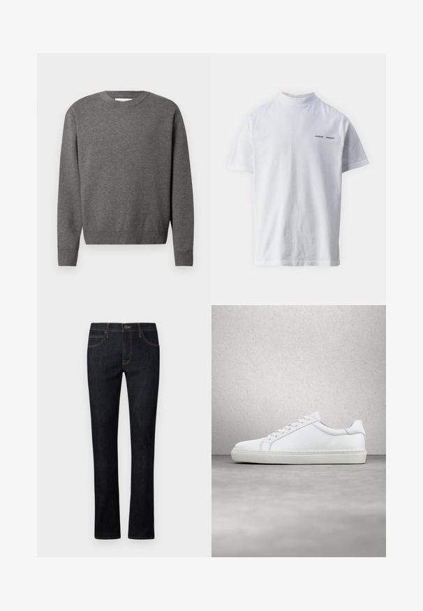 Hall hallatükk, mis on valmistatud pehmest kudumiskangast. Omab pikki varrukaid ning soonikkoes mansette ja allserva. Minimalistlik disain, ilma nähtavate logodeta.; Valge puuvillane t-särk kõrge kaelusega ja lühikeste varrukatega. Esipaneelil must "SAMSØE SAMSØE" logo. Sile tekstuur.; Tumedast sinisest denimist teksapüksid sirge säärega, millel on oranž õmblus, viie tasku disain ja esine nupuvajutus.; Valge tennisetoss, millel on sile nahk pealis ja madal profiil. Omab ümarat ninaosa, kuut silmust ja tekstuuriga kummist talda.