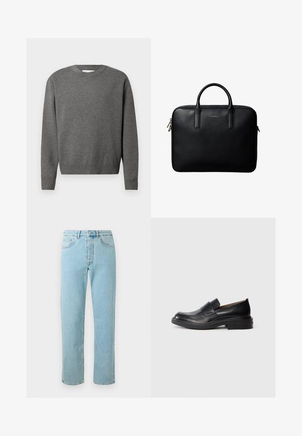 Grauer Rundhals-Pullover aus weichem Strickmaterial. Mit langen Ärmeln und gerippten Bündchen und Saum. Minimalistisches Design ohne sichtbare Logos.; Helle blaue Jeans aus Denim mit geradem Schnitt, fünf Taschen, einem Reißverschluss und einem dezenten Verblassen des Stoffes.; Schwarze Leder-Pantoletten mit niedrigem Absatz und dezentem Calvin Klein-Logo an der Seite, im Profil vor einem weißen Hintergrund dargestellt.; Schwarze strukturierte Lederaktentasche mit zwei Griffen und silbernen Reißverschlussanhängern, zentriert auf weißem Hintergrund.