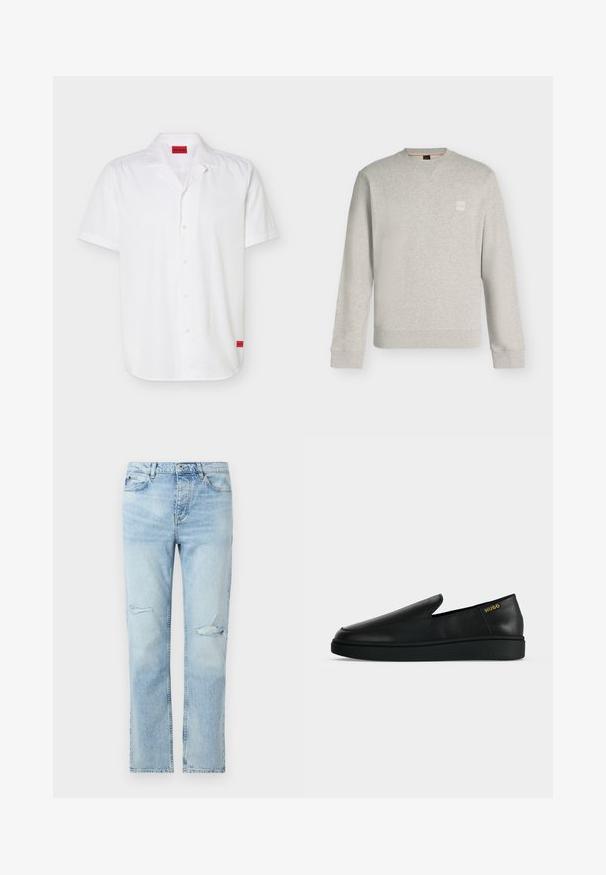 Sweat-shirt gris clair à manches longues et col rond, avec poignets et ourlet côtelés, petit patch logo carré sur la poitrine gauche.; Chemise blanche à manches courtes avec col camp, dotée d'étiquettes rouges du logo Hugo à l'intérieur du col et à l'ourlet inférieur.; Jean en denim bleu clair avec une coupe droite, fermeture par boutons, poches avant, et petites déchirures usées sur les deux cuisses.; Chaussure noire en cuir à enfiler avec semelle épaisse et marquage "HUGO" en or près du talon sur un fond uni gris clair.