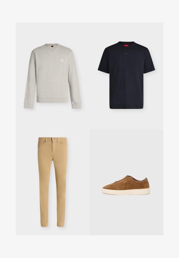 Sweat-shirt gris clair à manches longues et col rond, avec poignets et ourlet côtelés, petit patch logo carré sur la poitrine gauche.; T-shirt noir à manches courtes et col rond avec un logo "HUGO" subtil brodé au centre de la poitrine.; Pantalon beige slim fit avec fermeture avant boutonnée et zip, design cinq poches et passants de ceinture sur fond blanc uni.; Baskets en daim marron avec bout rond, semelle en caoutchouc crème et lacets ton sur ton. Présentent un logo en relief sur le côté et un panneau arrière lisse.