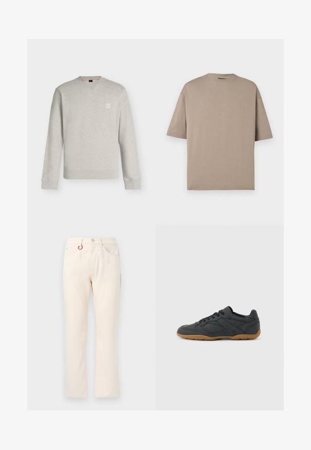 Sweat-shirt gris clair à manches longues et col rond, avec poignets et ourlet côtelés, petit patch logo carré sur la poitrine gauche.; T-shirt ample à manches courtes couleur taupe avec col rond et détail subtil du logo près du col sur fond uni.; Pantalon beige à jambe droite avec cinq poches, passants pour ceinture, fermeture par bouton et un porte-clés rouge attaché à la poche avant gauche.; Baskets noires à profil bas avec semelle en caoutchouc beige, lacets sur le côté et nom de la marque discrètement embossé sur le côté, sur un fond uni.