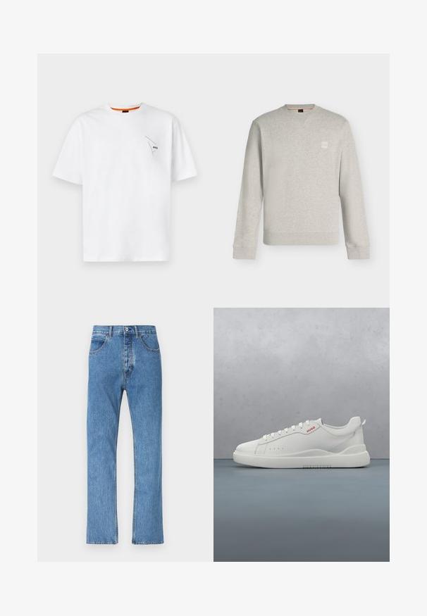 Sweat-shirt gris clair à manches longues et col rond, avec poignets et ourlet côtelés, petit patch logo carré sur la poitrine gauche.; T-shirt en coton blanc à manches courtes, col rond, avec un petit logo noir sur la poitrine gauche et un accent orange à l'intérieur du col.; Jean en denim bleu avec une coupe droite, doté de cinq poches, d'une fermeture par bouton et fermeture éclair, et d'un léger délavage sur le tissu.; Sneaker blanche avec une finition en cuir lisse, bout rond, quatre œillets, perforations subtiles et un détail de logo rouge sur le côté.