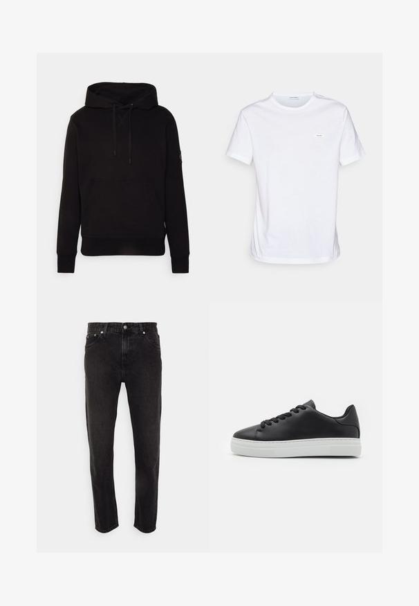 Schwarzer Hoodie aus weichem Stoff mit einer Kängurutasche, verstellbarer Kapuze mit Zugband und gerippten Bündchen. Dezente Branding auf dem Ärmel.; Weißes Baumwoll-T-Shirt mit kurzen Ärmeln, Rundhalsausschnitt und einem kleinen Markenlabel auf der Brust. Glatte Textur und minimalistisches Design.; Schwarze Denim-Jeans mit geradem Bein, mittlerer Bundhöhe, Gürtelschlaufen und Fünf-Taschen-Stil. Weicher Stoff mit minimalem Ausbleichen.; Schwarze Leder-Sneaker mit runder Zehe, weißer Gummisohle und schwarzen Schnürsenkeln. Verfügt über eine glatte Oberfläche und ein minimalistisches Design.
