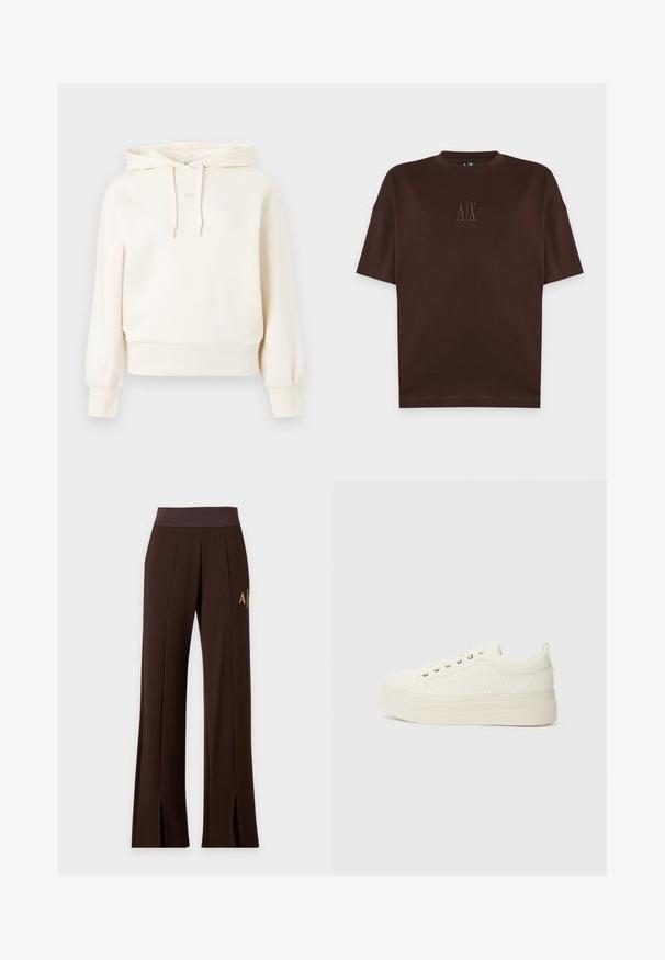 Crème hoodie met een kangoeroezak, trekkoord kap, ribgebreide manchetten en zoom. Heeft een subtiele "AX"-logo op de borst. Zachte stoftextuur.; Donkerbruine korte mouw T-shirt met ronde hals en klein geperst A|X Armani Exchange-logo in het midden van de borst.; Donkerbruine broek met wijde pijpen, elastische tailleband, voorste naden, zijlogo en vooraan openingen aan de zoom.; Witte sneakers met een gestructureerde bovenkant, platte zool, ronde neus en een klein trekloopje aan de hiel. Voorzien van metalen veterogen.