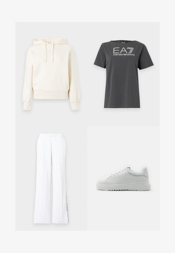 Hoodie crème avec une poche kangourou, capuche à cordon, poignets et ourlet côtelés. Présente un logo "AX" discret sur la poitrine. Texture de tissu douce.; T-shirt gris à manches courtes en coton. Il présente un logo blanc avec "EA7" et "EMPORIO ARMANI" dans un design graphique élégant.; Pantalon blanc à jambes larges avec une taille élastique et un cordon de serrage, présentant un discret dessin graphique bleu le long des coutures extérieures.; Baskets blanches avec une tige en cuir texturé, bout rond et lacets. Semelle en caoutchouc blanc épaisse avec un motif de traction texturé.