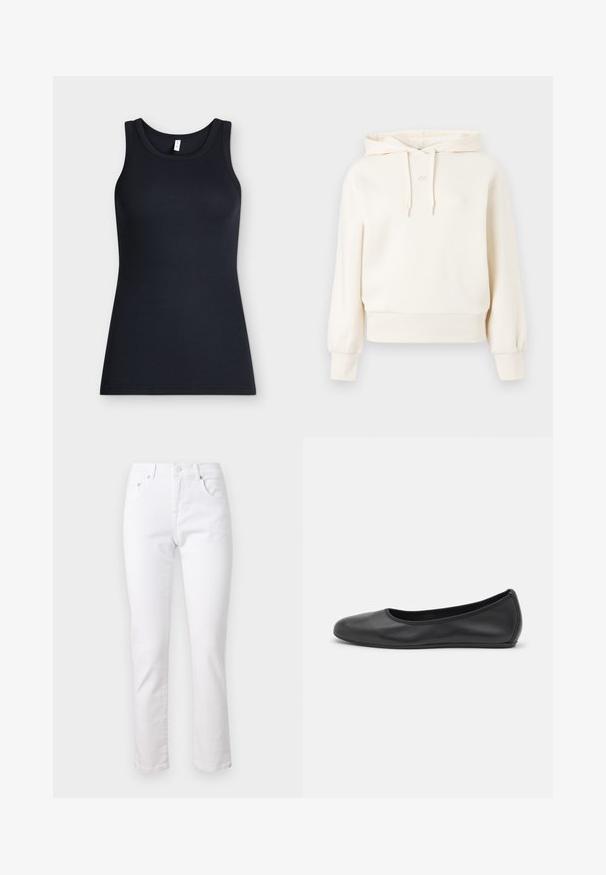 Creme hoodie med en kængurulomme, snor i hætten, ribbede manchetter og kant. Har et diskret "AX" logo på brystet. Blød stoftekstur.; Sort ærmeløs ribstrikket tanktop med rund halsudskæring, vist fladt mod en lys baggrund.; Hvide denimjeans med lige ben, fem-lomme design og metalknaplukning, der har en glat tekstur og minimal syning.; Sort læderballetsko med rund tå, glat tekstur, minimal syning og et fleksibelt såldesign.