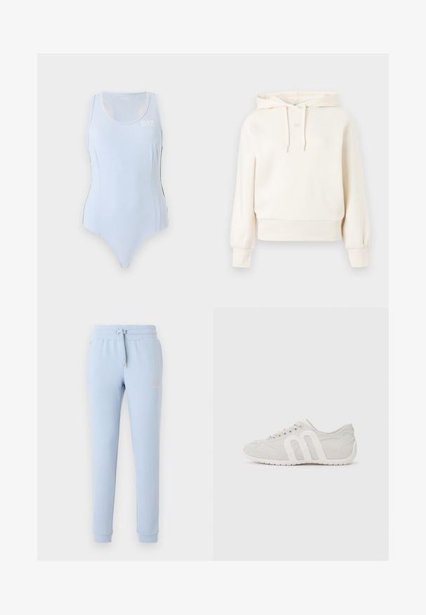 Hoodie crème avec une poche kangourou, capuche à cordon, poignets et ourlet côtelés. Présente un logo "AX" discret sur la poitrine. Texture de tissu douce.; Justaucorps de sport bleu clair sans manches avec dos nageur et petit logo blanc EA7 sur le haut du côté gauche de la poitrine.; Pantalon de jogging bleu clair avec chevilles élastiquées, taille à cordon, poches latérales et logo texte discret sur la cuisse gauche.; Chaussure de sport gris clair avec un tissu lisse et une semelle en caoutchouc, arborant un logo blanc distinctif, un bout arrondi et un design minimaliste.