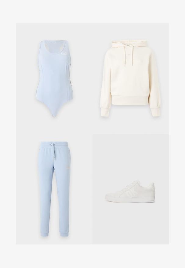 Hoodie crème avec une poche kangourou, capuche à cordon, poignets et ourlet côtelés. Présente un logo "AX" discret sur la poitrine. Texture de tissu douce.; Justaucorps de sport bleu clair sans manches avec dos nageur et petit logo blanc EA7 sur le haut du côté gauche de la poitrine.; Pantalon de jogging bleu clair avec chevilles élastiquées, taille à cordon, poches latérales et logo texte discret sur la cuisse gauche.; Baskets blanches avec un dessus texturé, une semelle en caoutchouc lisse et un logo "DK" sur le côté. Bout arrondi et design à lacets.