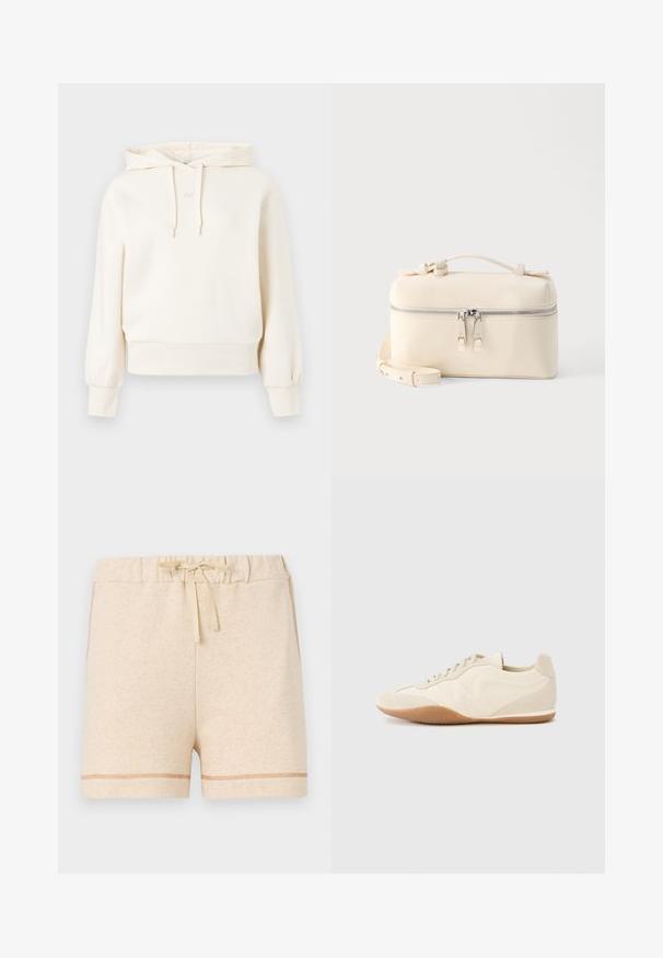 Creme hoodie med en kængurulomme, snor i hætten, ribbede manchetter og kant. Har et diskret "AX" logo på brystet. Blød stoftekstur.; Beige bomuldsshorts med elastisk talje og snor. Har kontrasterende syninger langs kanten og siderne.; Lyse beige sneakers med en tekstureret læderoverdel, teksturerede sider og en gummisål. Har et slankt, strømlinet design og flade snørebånd.; Rektangulær cremefarvet lædertaske med dobbelt sølvlynlås, top-håndtag og justerbar skulderrem på ensfarvet hvid baggrund.