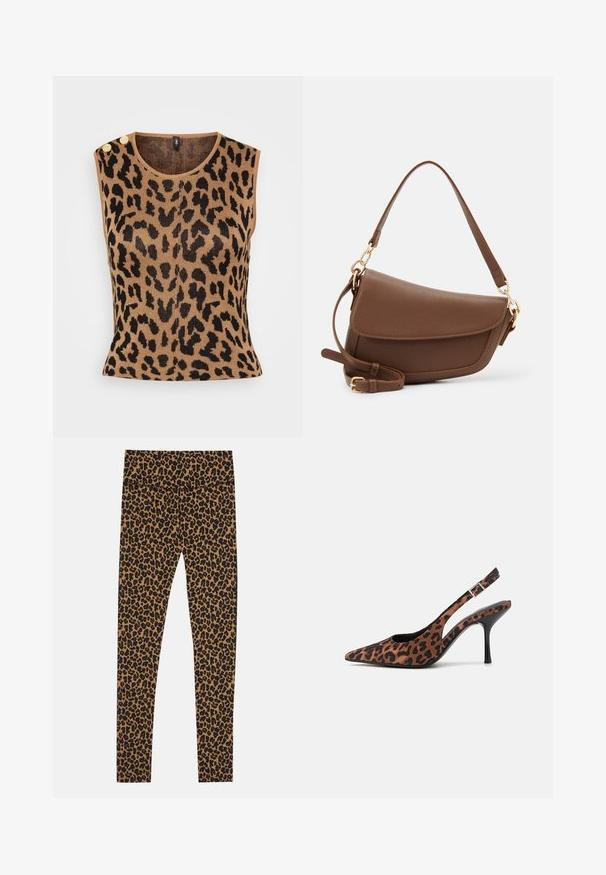 Top de punto sin mangas en color marrón claro, con estampado de leopardo negro, cuello redondo y dos acentos de botón dorado en el hombro.; Leggings de estampado leopardo en marrón y negro, con un tejido elástico y una cinturilla elástica para un diseño ajustado.; Tacones altos de salón con estampado de leopardo, punta afilada, tacón negro brillante y correa ajustable en el tobillo. Material suave con un acabado texturizado.; Bolso de hombro de cuero marrón con acabado texturizado, forma curvada, herrajes en tono dorado, correa ajustable y cierre de solapa.
