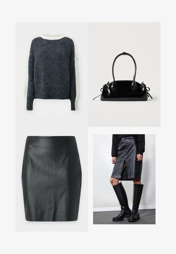 Mørkegrå strikket sweater med en struktureret overflade. Æblefarvede ærmer og krave. Kasseformet, ribbede kanter. Blødt uldblandingsmateriale.; Sort faux læder mini skirt med en glat tekstur, slim fit og lige pasform. Ingen synlig hardware eller udsmykninger.; Sort læder blyantskirt med forkort slit, parret med knæhøje sorte støvler med lynlås og en kraftig sål for ekstra højde.; Lille sort blank håndtaske med to lange håndtag og snøre-detaljer i siden på en ensfarvet lys baggrund.