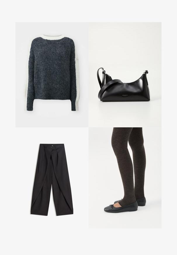 Dark gray knitted sweater with a textured finish. Cream-colored sleeves and collar. Boxy shape, ribbed edges. Soft wool blend material.; Black wide-leg pants made from smooth fabric, featuring two front pockets and a pleated design with two buttons at the waist.; Legs wearing dark ribbed leggings paired with black ballet flats featuring small bow details on a white background.; Black leather handbag with a smooth texture. Features an adjustable strap and a sleek, minimalistic design with a zip closure.