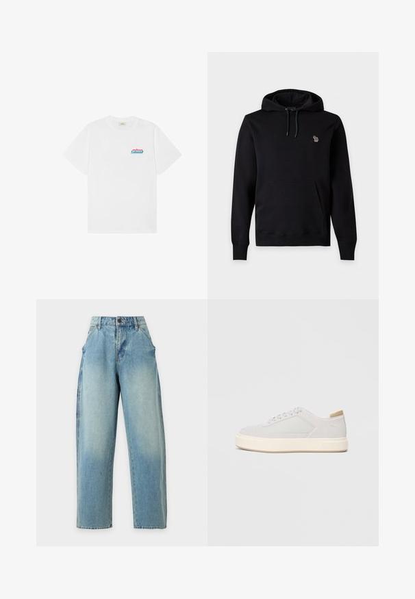 Sweat à capuche noir à enfiler avec poche kangourou à l'avant, cordon de serrage ajustable à la capuche et petit logo brodé coloré sur la poitrine gauche.; T-shirt blanc à manches courtes et col rond avec un petit logo "prince" rose et bleu sur la partie supérieure gauche de la poitrine.; Jean en denim bleu clair taille haute à jambes larges avec poches avant et fermeture par boutons sur fond uni.; Baskets gris clair avec une tige synthétique lisse, un bout rond et une semelle intermédiaire texturée couleur crème. Accents beige clair au niveau du talon.