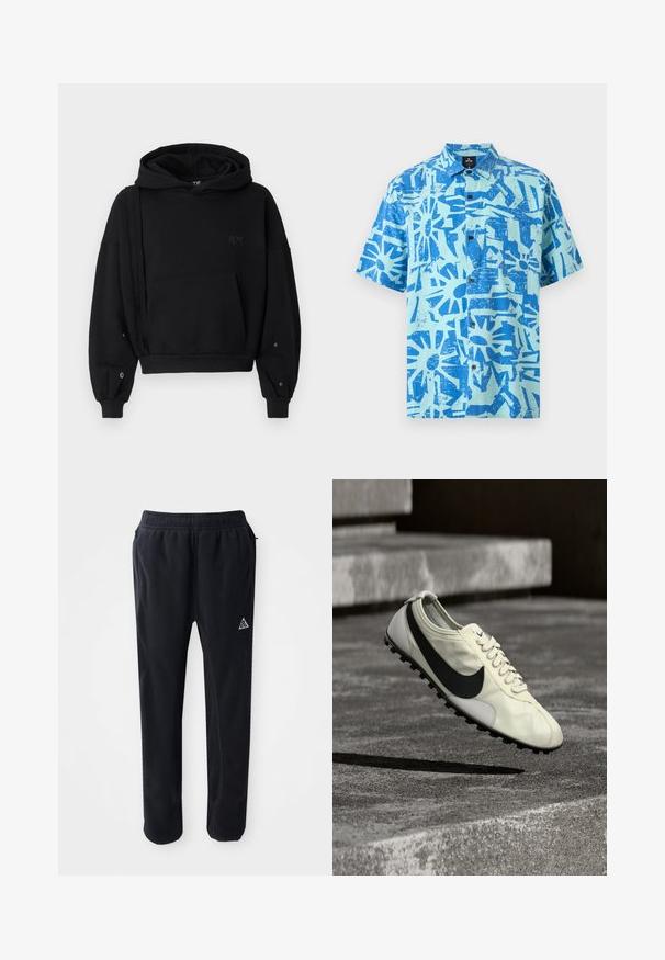 Sort cropped hoodie med snoretræk i huen, frontlomme og unikke sidelæg. Har ribbede manchetter og knapper på ærmerne.; Kortærmet skjorte med knapper, lys blå baggrund og kraftige, abstrakte blå solstrålemønstre. Frontlomme på venstre side.; Sorte atletiske bukser i et blødt, tekstureret materiale, med en elastisk talje, sidelommer og et trekantet logo-accent på låret.; Hvid Nike-sneaker med sort Swoosh-logo, snørebånd og gummisål med trækkraft, vist midt i luften over betonstrappen.