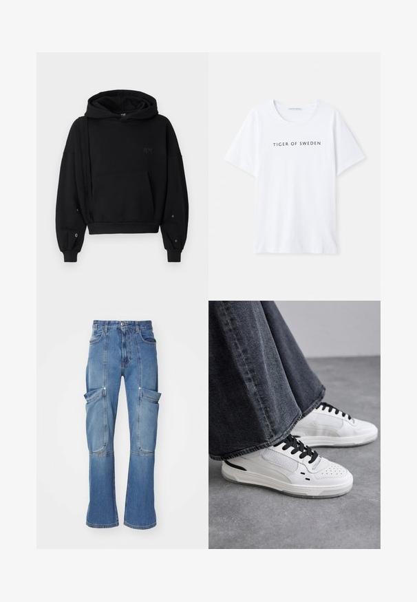 Zwarte crop hoodie met een trekkoordkap, voorzak en unieke zijdelingse details. Voorzien van geribde manchetten en knopen bij de mouwen.; Witte T-shirt met een ronde hals en korte mouwen. Zwart tekst met "TIGER OF SWEDEN" gecentreerd op de voorkant. Soepele stofstructuur.; Lichte blauwe denim cargobroek met een hoge taille, meerdere zijzakken en wijde pijpen, met contrasterende stiksels en een ritssluiting.; Witte sneakers met zwarte veters en mesh-details. Beschikt over een gladde leren bovenkant en een gestructureerde rubberen zool. Gepaard met brede grijze jeans.