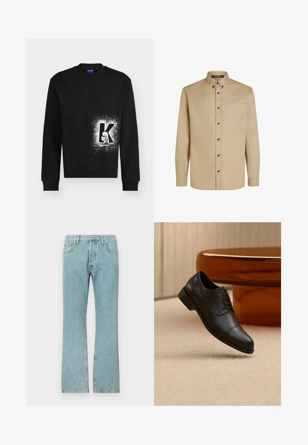 Zwarte trui met lange mouwen met een wit spuitverfeffect rond een grote letter "K" en een kleine honden silhouet binnen de letter.; Beige overhemd met lange mouwen, een button-down kraag, zwarte knopen, een borstzak en een subtiele geborduurde logo op de zak.; Lichtblauwe denim jeans met een recht model, voorzien van vijf zakken en een knoopsluiting. Zichtbare stiksels en rafelige zoomdetails.; Zwarte leren formele oxfordschoen met veters zwevend boven een beige tapijt, met een ronde bruine tafel op de achtergrond.
