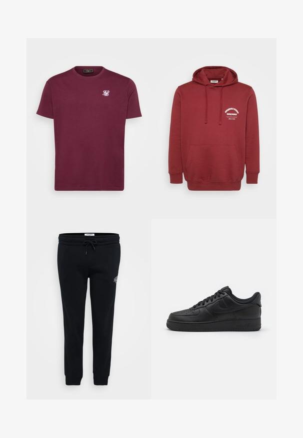 Bordeauxfarbener Hoodie mit Kordelzügen, vordertasche, und weißem Textlogo auf der linken Brust mit der Aufschrift "Originals Studio Daily Basics."; Bordeaux Baumwoll-T-Shirt mit runder Halslinie, kurzen Ärmeln und einem kleinen weißen Logo auf der linken Brust. Glatte Textur und klassischer Schnitt.; Schwarze Jogginghose aus weichem Material, mit elastischem Bund, Kordelzug, Seitentaschen und einem kleinen Logodetail auf der Hüfte.; Nike Sportswear AIR FORCE 1 07 FLYEASE - Sneaker low - black