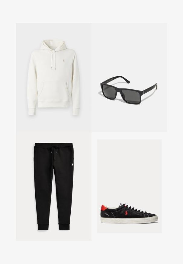 Weißer Baumwollhoodie mit Kängurutasche, verstellbarem Kordelzug, gerippten Bündchen und kleinem gesticktem Logo auf der Brust.; Schwarze Jogginghose mit umgeschlagenen Bündchen, Tunnelzug in der Taille, Seitentaschen und kleinem weißen Polo-Spieler-Logo am rechten Oberschenkel.; Schwarze Wildleder-Sneaker mit weißen Schnürsenkeln, roten Akzenten an der Ferse und einem kleinen roten Logo. Sie verfügen über eine flache Gummisohle und einfache Nähte.; Schwarze rechteckige Sonnenbrille mit dunklen Gläsern und matter Oberfläche. Enthält das eingeprägte "POLO"-Logo an den Bügeln und ein robustes Rahmendesign.