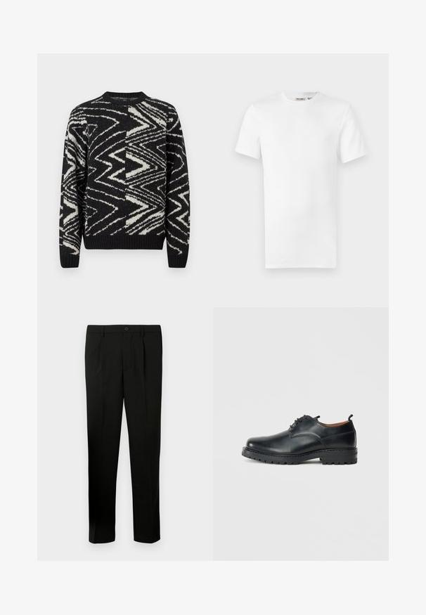 Zwart-wit gebreide trui met abstracte zigzag- en geometrische patronen, ronde hals, lange mouwen en geribde manchetten en zoom.; Effen wit T-shirt met korte mouwen en een ronde hals, met een klein merklintje aan de binnenkant van de kraag, weergegeven op een witte achtergrond.; Zwarte op maat gemaakte broek met een vlakke voorkant, twee plooien, een knoopsluiting, zijzakken en een rechte pijp. Gemaakt van een gladde stof.; Zwarte leren derby schoenen met een gladde textuur, ronde neus, vetersluiting en een dikke, robuuste rubberen zool.
