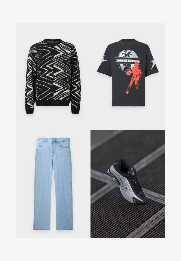 Zwart-wit gebreide trui met abstracte zigzag- en geometrische patronen, ronde hals, lange mouwen en geribde manchetten en zoom.; Zwart katoenen T-shirt met een grote witte wereldbolafbeelding, zilveren sterren op de mouwen en een gepixeleerd rood basketbalspelerontwerp.; Lichtblauwe, high-rise, rechtgesneden denim jeans met knoopsluiting aan de voorkant, ritssluiting en een ontwerp met vijf zakken op een witte achtergrond.; Nike sportieve schoen met een zwart en zilver ontwerp. Gemaakt van synthetisch materiaal met gaasaccenten en een ondersteunende zool met zichtbare luchtvering.