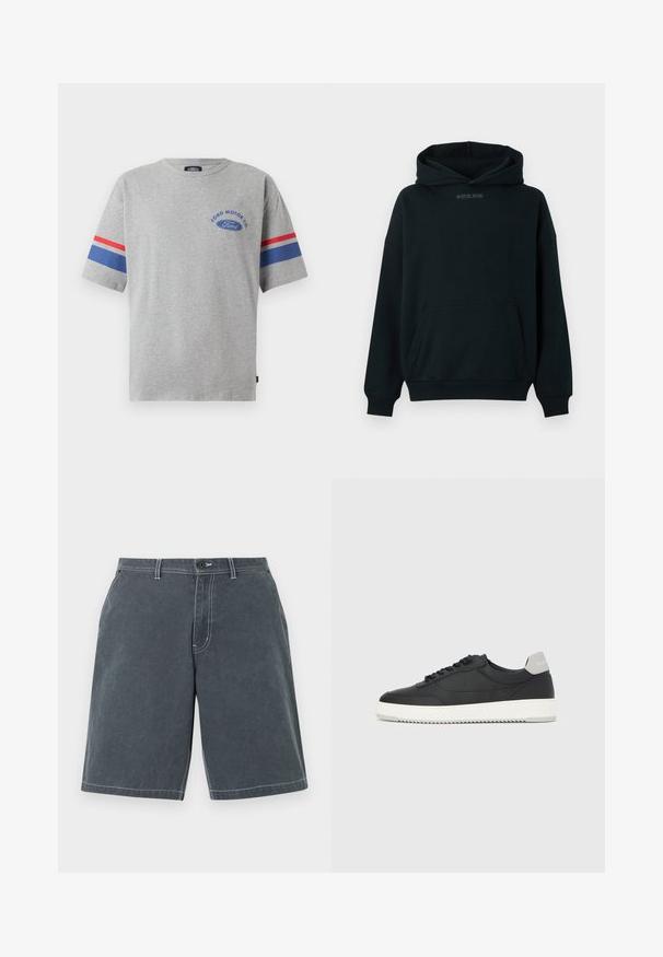 Sort hættetrøje lavet af blødt stof. Har en frontlomme og et diskret logo i midten. Ribstrikkede ærmegab og kant.; Grå bomulds t-shirt med korte ærmer, prydet med blå og røde striber på ærmerne og "Ford Motor Co" logo i blå på brystet.; Mørkegrå bomuldsshorts med knap og lynlås foran, bæltestropper, sidelommer og synlige hvide syninger på en ensfarvet baggrund.; Sort lavtop-sneakers med hvid sål og grå hælkappe, set fra siden på en helt hvid baggrund.