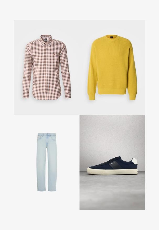 Gul sweater i vaffelstrik med rund halsudskæring og ribkanter ved ærmerne. Blød tekstur, almindelig pasform og ensfarvet uden mønstre.; Brun og hvid ternet langærmet skjorte med knap-ned krave og broderet logo på brystet. Bomuldsstoffets tekstur.; Lyseblå denimjeans med lige ben, foran knap- og lynlåslukning, bæltestropper og forlommer.; Marineblå BOSS-sneaker med hvid sål og hældetalje, sorte snørebånd, placeret i luften mod en grå gulv- og glasvæg.