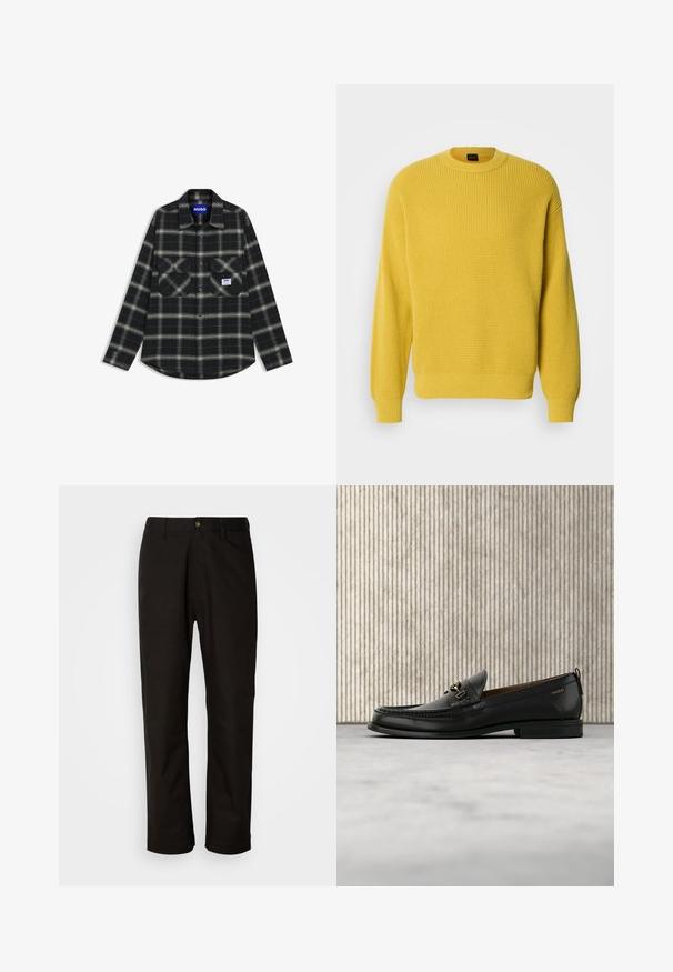 Pull jaune en maille gaufrée avec un col rond et des poignets côtelés. Texture douce, coupe régulière et couleur unie sans motifs.; Chemise à manches longues à carreaux noirs et gris avec col, deux poches poitrine et une étiquette logo HUGO. Tissu en coton avec une texture douce.; Pantalon en coton noir avec une coupe droite, des passants de ceinture, une fermeture éclair à l'avant et un seul bouton. Texture lisse sans motifs visibles.; Mocassin en cuir noir avec mors en métal doré et logo "HUGO", présenté sur un tapis beige et un meuble translucide marron.