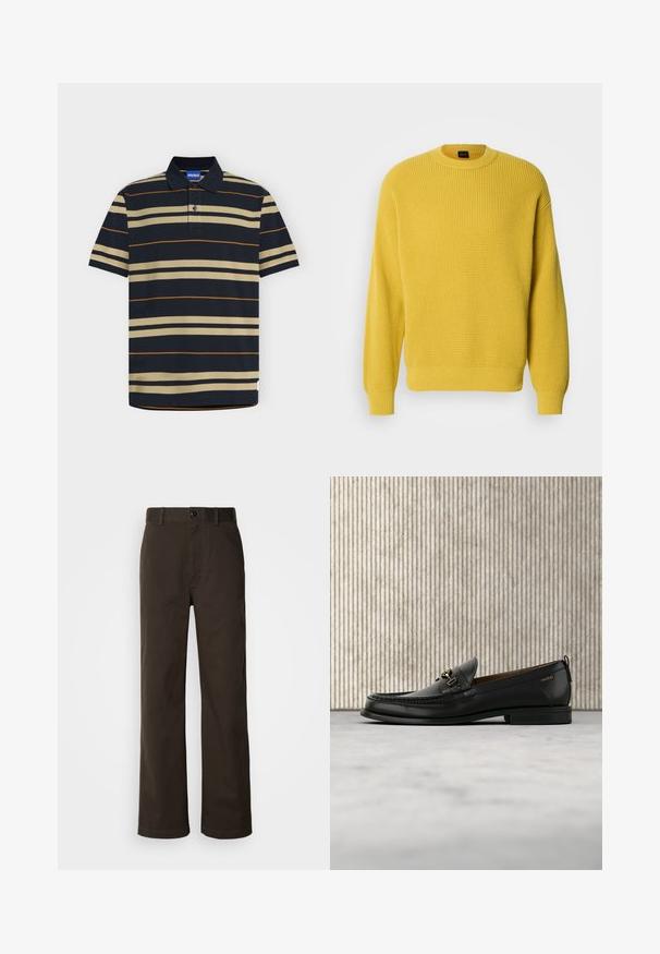 Pull jaune en maille gaufrée avec un col rond et des poignets côtelés. Texture douce, coupe régulière et couleur unie sans motifs.; Polo bleu marine avec des rayures horizontales beiges et fines orange, manches courtes, patte à deux boutons et étiquette de marque HUGO bleue à l’intérieur du col.; Pantalons en coton marron avec une coupe droite, dotés d'une fermeture à bouton, de passants de ceinture et de détails de couture minimalistes.; Mocassin en cuir noir avec mors en métal doré et logo "HUGO", présenté sur un tapis beige et un meuble translucide marron.