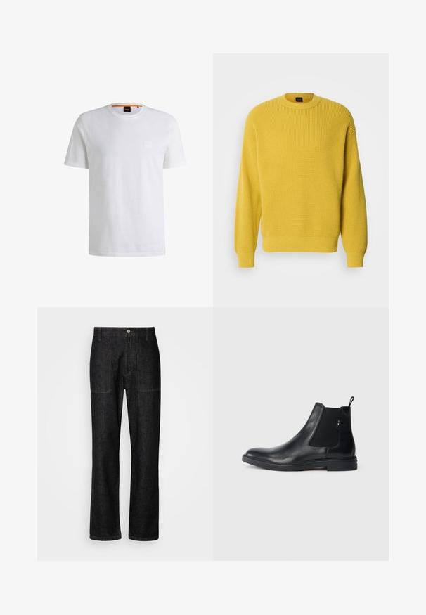 Jersey amarillo de punto gofre con cuello redondo y puños acanalados. Textura suave, ajuste regular y color sólido sin estampados.; Camiseta de algodón blanca con mangas cortas y cuello redondo. Presenta un sutil parche de logo en el frente y un acento naranja en el cuello.; Pantalones de mezclilla negros con corte recto, costuras visibles y cierre frontal con botón. Incluye dos bolsillos laterales y dos bolsillos traseros.; Botines Chelsea de cuero negro con paneles elásticos laterales, una pestaña para tirar y una suela de goma plana. Textura suave con un detalle mínimo.