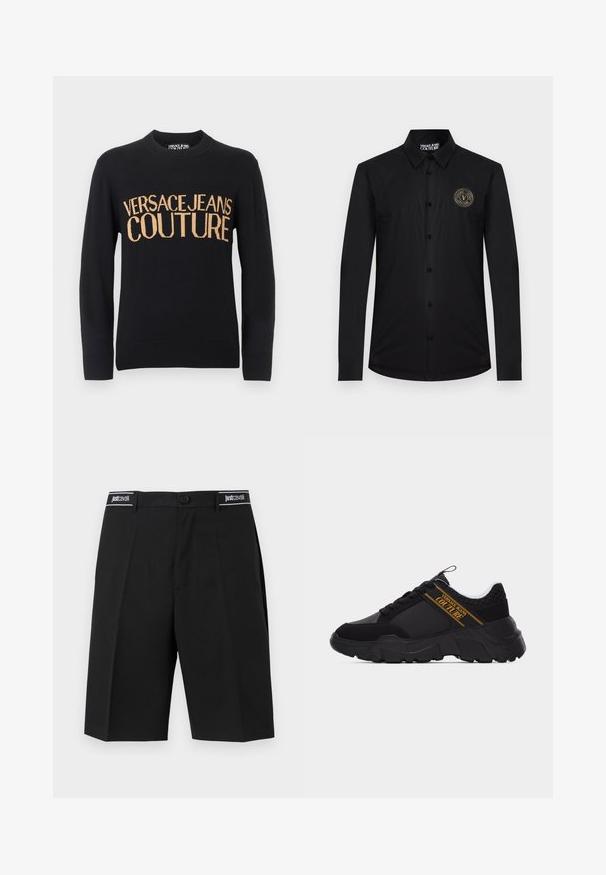 Pull noir à manches longues et col rond avec poignets et bordures côtelés, arborant un grand texte beige "VERSACE JEANS COUTURE" sur la poitrine.; Chemise noire à manches longues avec boutons, col et écusson du logo Versace Jeans Couture sur le côté gauche de la poitrine.; Shorts noirs sur mesure longueur genou avec plis devant et une ceinture comportant des logos "Just Cavalli" sur les passants de ceinture.; Baskets noires épaisses avec semelle texturée, motif nid d'abeille près du talon et logo doré "Versace Jeans Couture" sur le côté.
