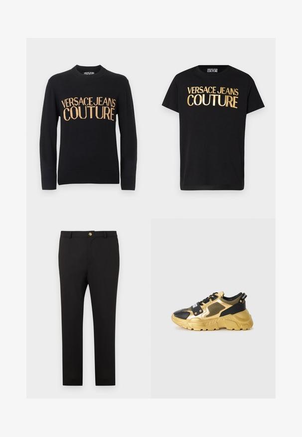 Pull noir à manches longues et col rond avec poignets et bordures côtelés, arborant un grand texte beige "VERSACE JEANS COUTURE" sur la poitrine.; T-shirt noir à manches courtes avec un large texte métallique doré « Versace Jeans Couture » sur le devant et un col rond.; Pantalon noir coupe slim avec fermeture à boutons dorés et passants pour ceinture, présenté sur un fond blanc uni.; Baskets noires et dorées avec un dessus en maille, une semelle épaisse et des accessoires décoratifs. Présente un patch logo bien en évidence au niveau du laçage.