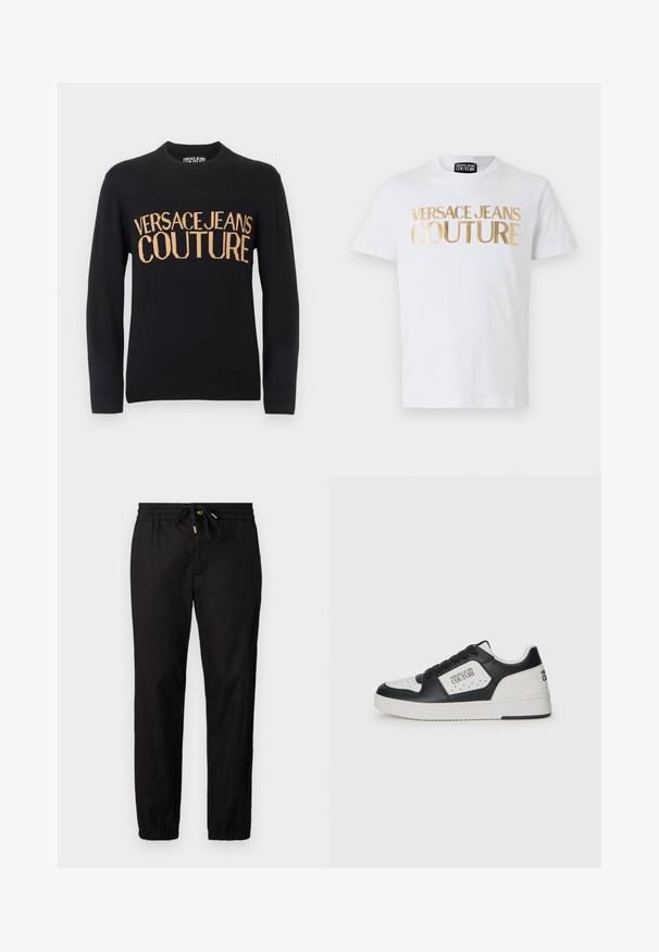 Schwarzer Langarmpullover mit Rundhalsausschnitt, gerippten Bündchen und Saum, mit großem beigefarbenem Schriftzug "VERSACE JEANS COUTURE" auf der Brust.; Weißes Baumwoll-T-Shirt mit fettem goldenen "VERSACE JEANS COUTURE" Schriftzug auf der Vorderseite. Rundhalsausschnitt und kurze Ärmel.; Schwarze Hose mit einem elastischen Bund und Kordelzug. Hat schmal zulaufende Beine mit elastischen Bündchen. Glattes, leichtes Material.; Schwarzer und weißer Sneaker mit einem glatten Lederobermaterial, durchlöcherter Zehenbox, kontrastierendem weißen Element und Logodetails an der Seite und Ferse.