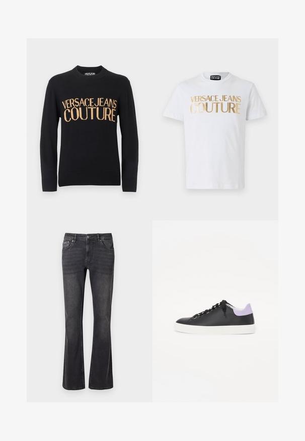 Schwarzer Langarmpullover mit Rundhalsausschnitt, gerippten Bündchen und Saum, mit großem beigefarbenem Schriftzug "VERSACE JEANS COUTURE" auf der Brust.; Weißes Baumwoll-T-Shirt mit fettem goldenen "VERSACE JEANS COUTURE" Schriftzug auf der Vorderseite. Rundhalsausschnitt und kurze Ärmel.; Schwarze Jeans aus Denim mit ausgestelltem Design, fünf Taschen und einem Metallknopfverschluss. Der Stoff hat eine glatte Textur mit dezentem Verblassen.; Schwarze Ledersneaker mit einer weißen Gummisohle, ausgestattet mit schwarzen Schnürsenkeln, silbernen Ösen und einem helllila Akzent an der Ferse.