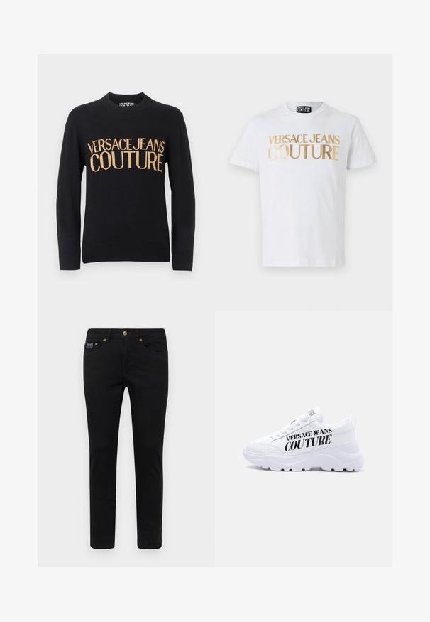 Schwarzer Langarmpullover mit Rundhalsausschnitt, gerippten Bündchen und Saum, mit großem beigefarbenem Schriftzug "VERSACE JEANS COUTURE" auf der Brust.; Weißes Baumwoll-T-Shirt mit fettem goldenen "VERSACE JEANS COUTURE" Schriftzug auf der Vorderseite. Rundhalsausschnitt und kurze Ärmel.; Schwarze Jeanshose mit schmaler Passform, ausgestattet mit einem Knopfverschluss, fünf Taschen und goldenen Hardware-Details. Der Stoff ist glatt und hat ein einfarbiges Design.; Weißer klobiger Sneaker mit dicker Sohle, Schnürdesign und dem Schriftzug "Versace Jeans Couture" in fetten schwarzen Buchstaben an der Seite.