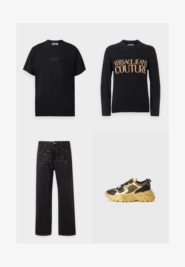 Pull noir à manches longues et col rond avec poignets et bordures côtelés, arborant un grand texte beige "VERSACE JEANS COUTURE" sur la poitrine.; T-shirt noir à manches courtes avec col rond, arborant un logo Versace Jeans Couture noir en relief discret sur la poitrine.; Jean noir droit avec un motif brodé texturé représentant un lapin de dessin animé sur la partie supérieure avant de la cuisse.; Baskets noires et dorées avec un dessus en maille, une semelle épaisse et des accessoires décoratifs. Présente un patch logo bien en évidence au niveau du laçage.