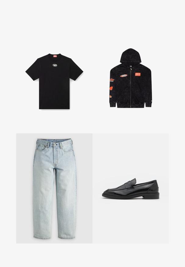 Sudadera negra con cremallera, capucha, bolsillos frontales y logotipos de carreras en naranja que incluyen "Oracle Red Bull Racing" y "New Era Racing".; Camiseta de algodón negra con cuello redondo y mangas cortas. Presenta un pequeño logotipo plateado bordado en el centro del frente.; Jeans de mezclilla azul claro con pierna recta, cinco bolsillos y cierre de botón; presentan áreas desgastadas y sutiles detalles de costura.; Mocasines de cuero negro con un acabado suave, que presentan una punta redondeada y una banda estrecha en la parte superior. Tacón bajo apilado.