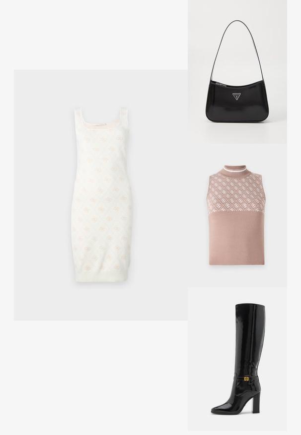 Top en maille sans manches de couleur beige clair avec une section supérieure texturée et à motifs, et un col montant ajusté. Présente une partie inférieure lisse et unie.; Robe en tricot couleur crème avec un motif floral subtil. Présente une coupe ajustée, un décolleté carré et un ourlet côtelé. Texture douce pour le confort.; Bottes en cuir verni noir jusqu'au genou avec un bout pointu, des accents en métal doré et un talon épais. Surface lisse et brillante avec un minimum de détails.; Sac à épaule en cuir verni noir avec une forme incurvée, présentant un logo triangle en argent et une fermeture éclair. Texture lisse et bandoulière fine.